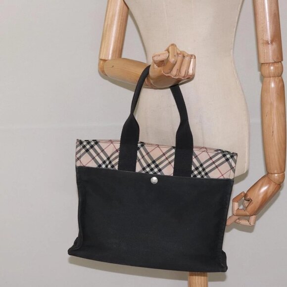 BURBERRY Nova Check Blue Label Hand Bag Canvas Black Silver Auth - Picture 1 of 16